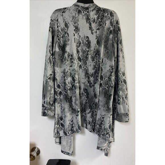 French Laundry Cardigan Gray Drape Open Front Knit Sweater Black Print Sz XL - Picture 2 of 4